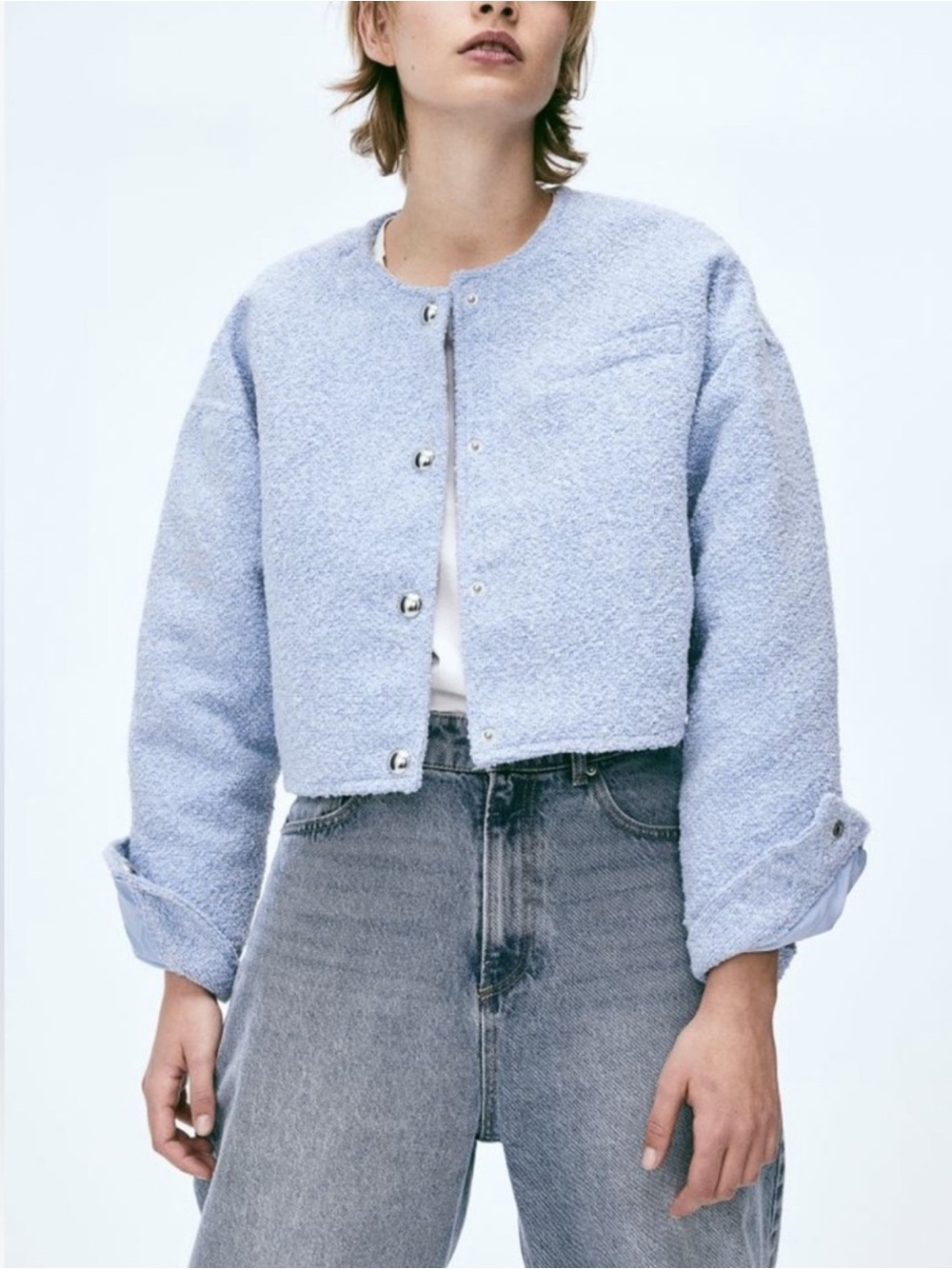 H&M Women's Bouclé Light Baby Blue Button-Up Cropped Jacket NWOT Sz XL